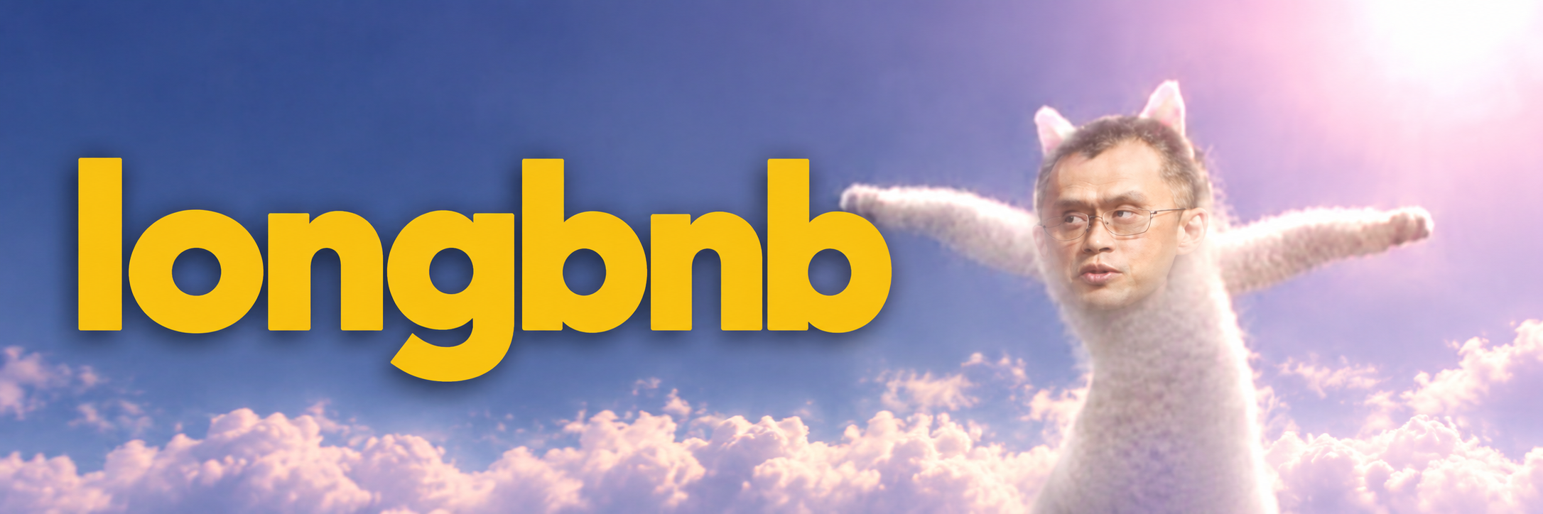 Longbnb in yellow beside a floating, long white cat meme with a man's face